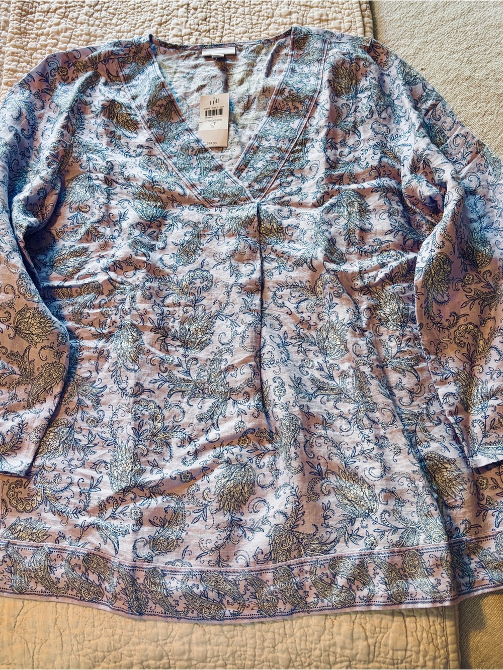 NWT JJill Women's Linen V-Neck 3/4 Sleeve Top - Light Lavender Floral L/T